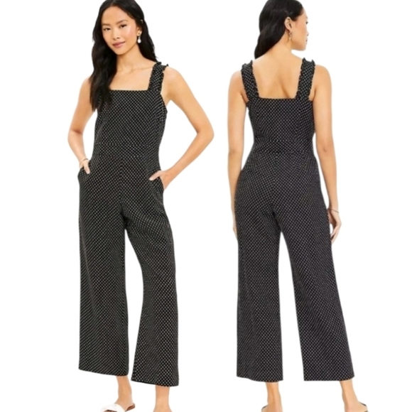 LOFT Pants - NWT LOFT Black White Dotted Ruffle Strap Wide Leg Linen Blend Jumpsuit Size 14